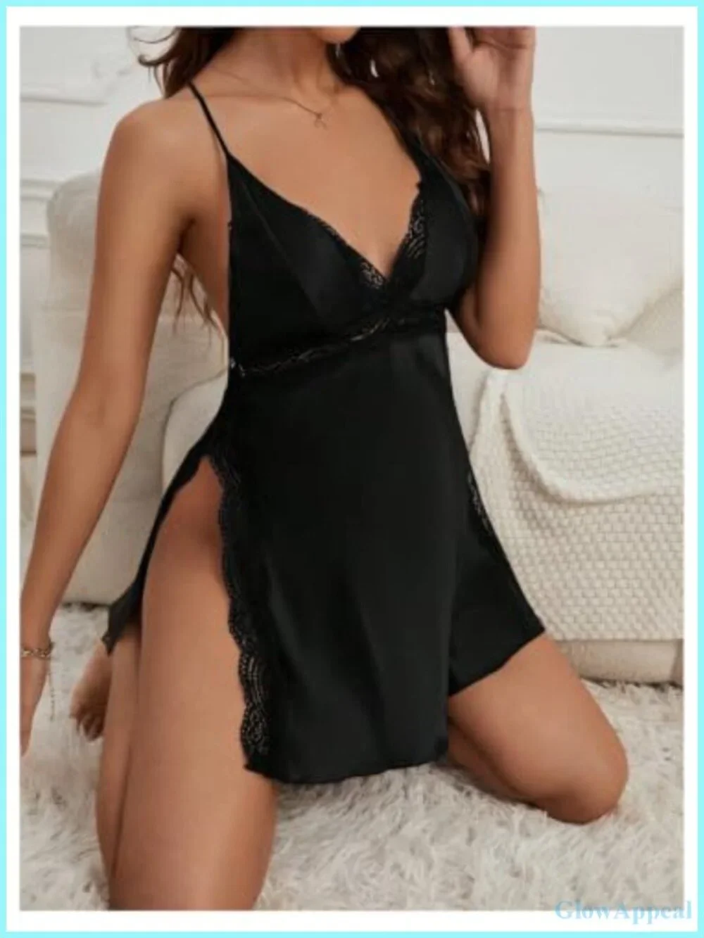 Satin Babydoll Nightgown Lace Trim Criss-Cross Back Chemise Mini